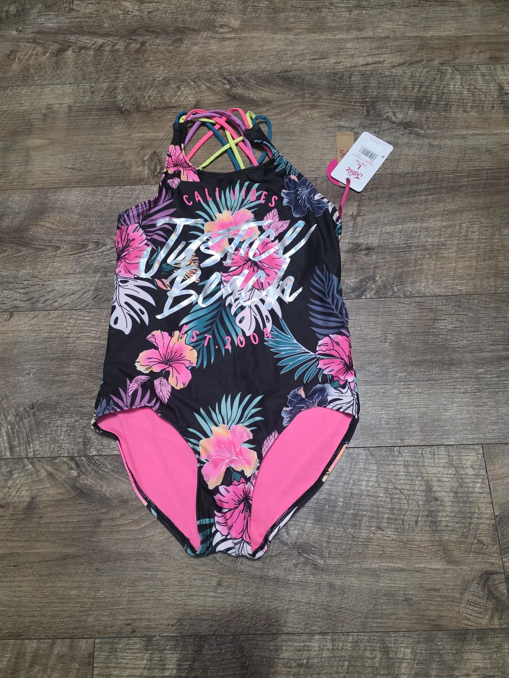 Justice Girls'  Tropical Floral One-Piece Swimsuit Pink Accents Size Large 12/14